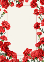 Fototapeta premium Red carnation floral frame with empty center copy space ideal for Mother Day cards, invitations, announcements, memorial designs and elegant branding layouts.