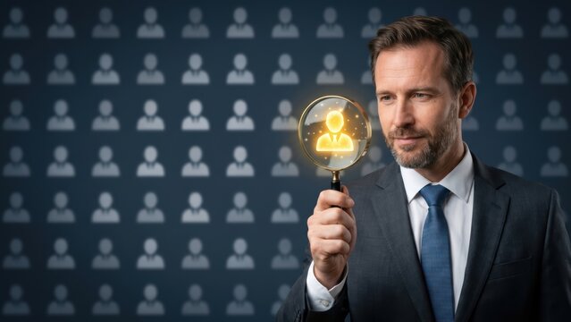 Strategic recruitment Executive carefully choosing the most suitable candidate from a digital lineup.