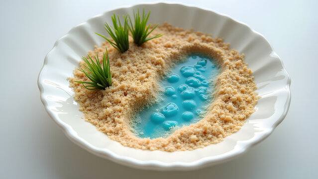 Mini beach formed inside a plate with sand-like crumbs and water