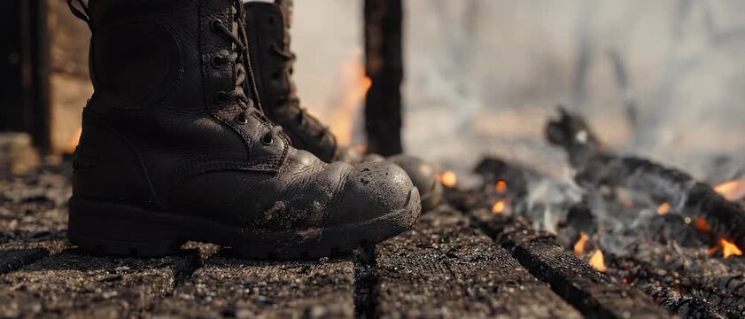 Rugged firefighter duty boots on charred wood with active smoke