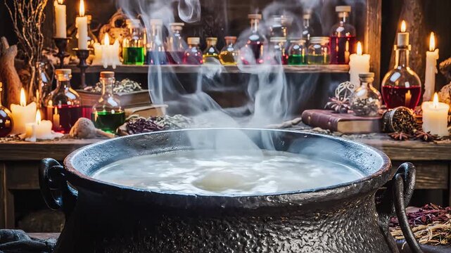Steaming cauldron in mystical setting highlighting geometric patterns and contemporary art