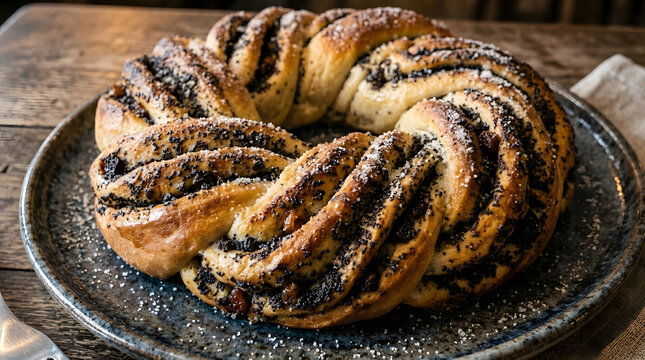 Kringle, an Estonian dish which is a braided cinnamon bread served on a plate on wooden table background
