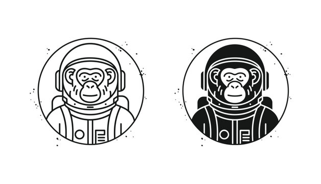Minimalist astronaut monkey mascot logo design set in black and white line art vector illustration style perfect for space exploration themes and modern brand identity projects