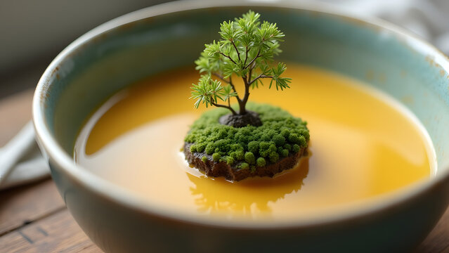 Tiny island floating in a bowl of soup