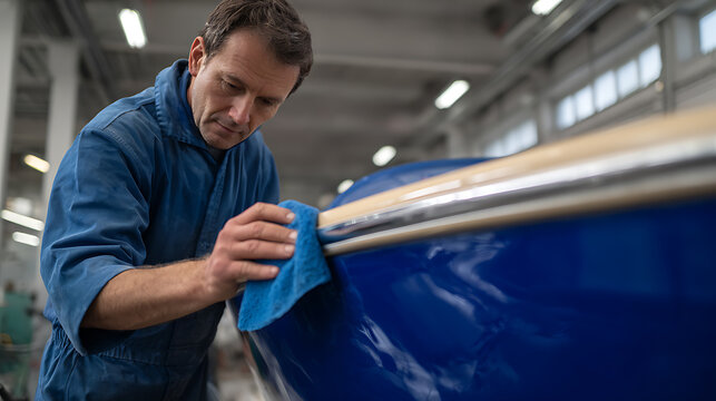Dedicated man in blue work uniform meticulously cleans and cares for a boat surface, ensuring its pristine condition in a professional workshop environment