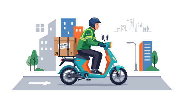Urban delivery person on scooter transports package. Fast city logistics service for e-commerce, ensuring swift parcel dispatch in metropolitan areas