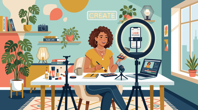 Content creator filming tutorial on makeup and beauty, in a home studio setup with ring light and phone