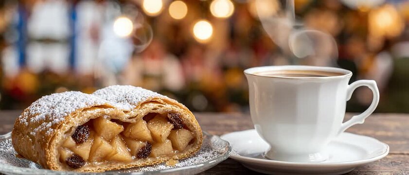 Delicious Apple Strudel with Steaming Coffee at Christmas Market
