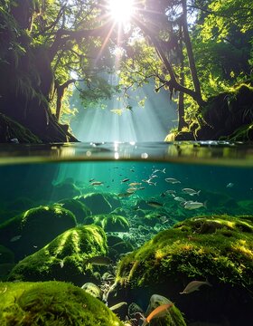 Stunning split-level photo depicting a sunlit forest scene. Above the water, rays of light pierce the canopy; below, fish swim amidst green rocks
