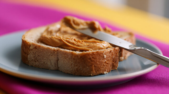 Delicious creamy spread on a slice of whole wheat bread, prepared with a knife on a plate, vibrant background, healthy snack concept