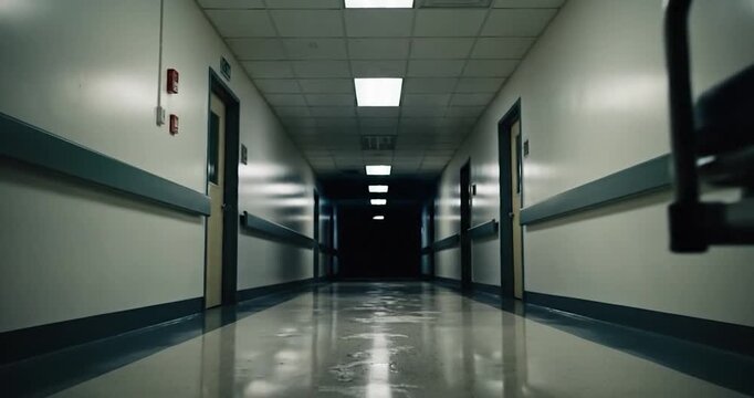 Empty hospital corridor with a medical gurney at night in a clinical hallway.