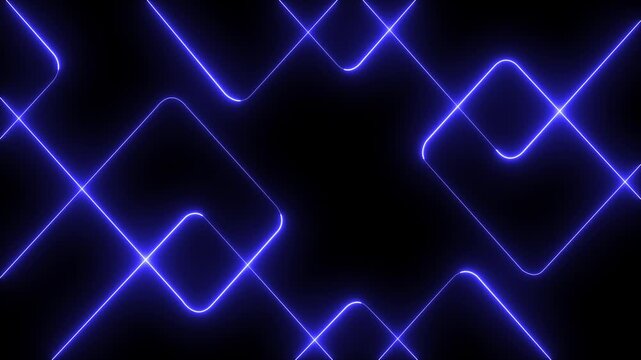 A vibrant abstract background featuring dynamic neon line patterns in shades of blue. Neon blue laser lines animation with 4k black background.