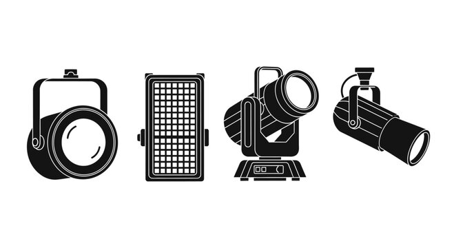 Set of four different stage spotlights and lighting equipment icons on white background