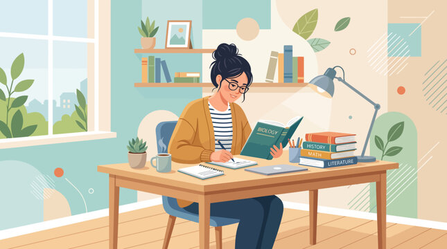 Young woman demonstrates quiet dedication to knowledge, studying and writing at her home desk. This scene highlights personal growth in a serene, focused learning environment