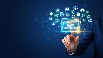 Obraz premium Optimizing Digital Data Management Hand Interacting with Futuristic Folder for Business Analytics and Growth