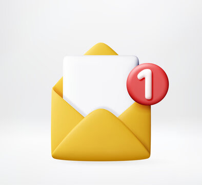 3D Open yellow envelope with white sheet of paper and red notification bubble showing number one. Digital message alert icon. Communication, email marketing and online. Vector illustration