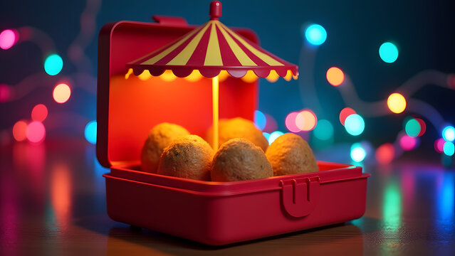 Mini carnival inside a lunchbox with colorful lights