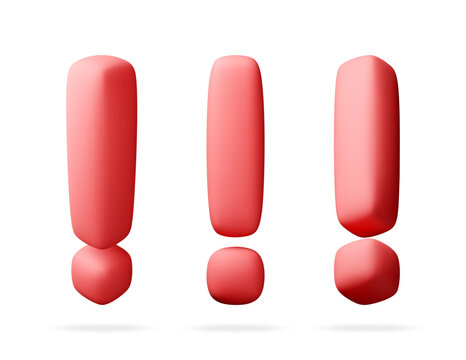Three red exclamation mark icons in 3D. Caution and alert symbol for important notification. Digital graphic element for user interface design and warning alert concept. Vector illustration