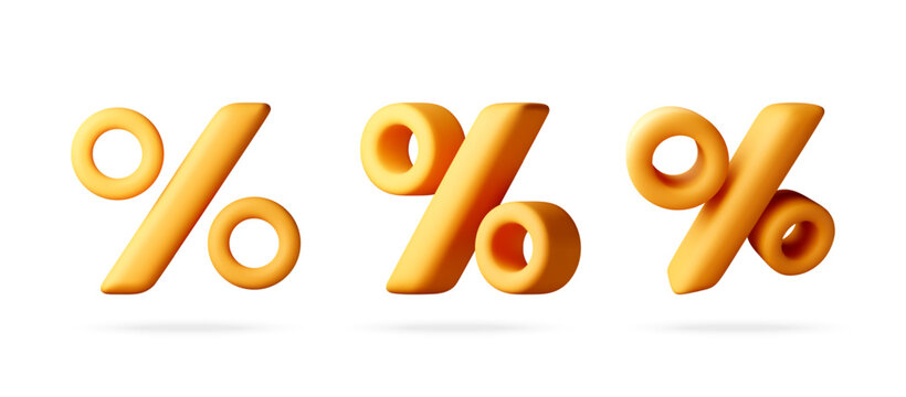 3D Three yellow percentage signs isolated on white background. Discount symbol for commercial sale event. Financial concept of savings and budget planning, shopping promotion. Vector illustration