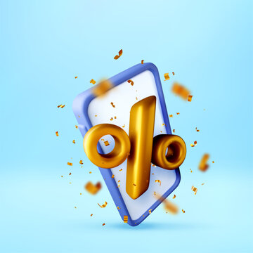 3D Golden percentage sign floating above smartphone screen with falling confetti. Online shopping discount and mobile marketing. E-commerce retail sale promotion concept. Vector illustration