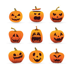 Set of Halloween pumpkin characters with spooky carved faces and jack o lantern expressions