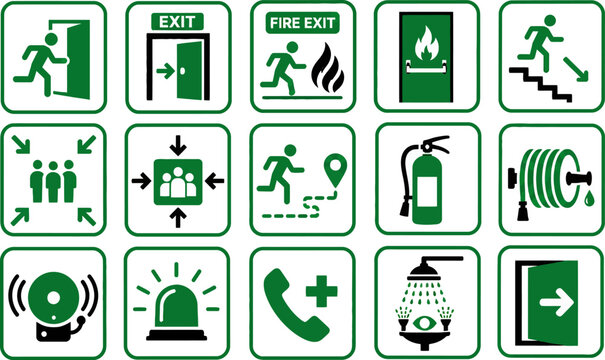 Emergency Exit Safety Signs Set Fire Escape Evacuation Icons Vector