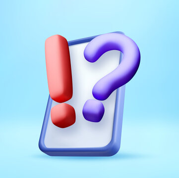 3D Exclamation mark and question mark floating on smartphone screen. Doubt and information concept. Communication, digital support and technical help icon symbol. Vector illustration