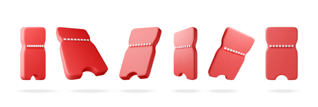 3D Red ticket icon set for event admission. Collection of entry passes for cinema, travel or concert booking. Graphic element for mobile application and digital marketing design. Vector illustration