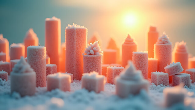 Mini city made of sugar cubes under warm light