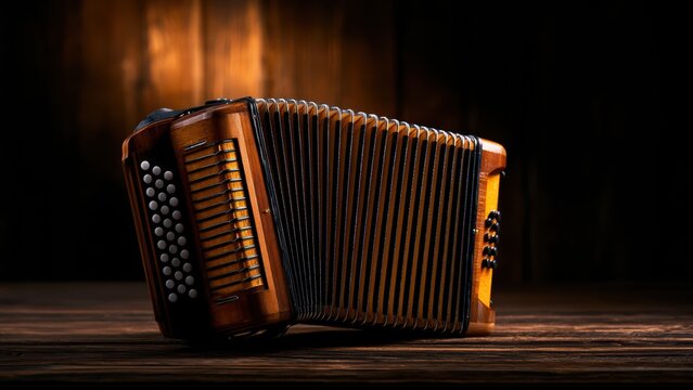 Warmly lit classic wooden accordion resting on a rustic table, highlighting its intricate bellows and buttons