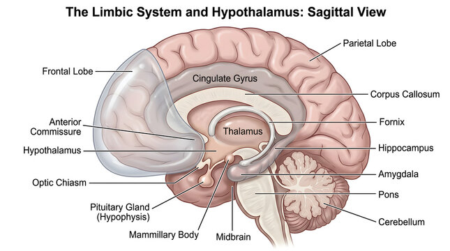 Sagittal view of the human brain illustrating the limbic system and hypothalamus, showing cingulate gyrus, corpus callosum, fornix, thalamus, amygdala, hippocampus, mammillary body, pituitary gland an