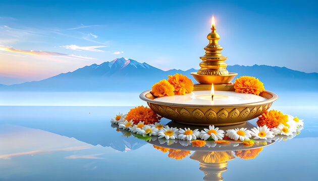 Golden diya lamp floating on water with marigold flowers and a distant mountain range at sunrise, spiritual and serene atmosphere, offering and prayer