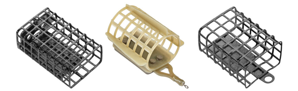 Set of various fishing cage feeders for feeder and coarse fishing isolated on white background
