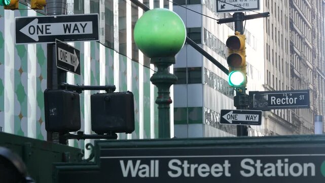 New York City Broadway subway globe lamp, green orb metro entrance sign, Wall Street, United States. American underground lantern, Manhattan Downtown transport. Metropolitan station light and sign.