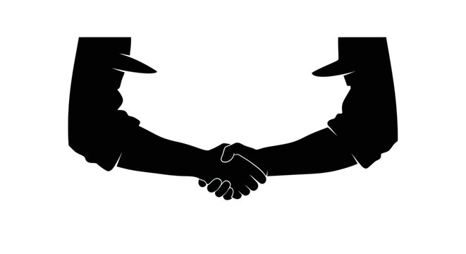 A vector illustration celebrating Cesar Chavez Day shows a powerful black silhouette design of two farmworker characters shaking hands, symbolizing unity and the United Farm Workers