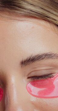 Eye patch, skincare and closeup of woman for fine line treatment, hyaluronic acid or beauty. Dark circles cosmetics, collagen mask and self care with female person for dermatology, hydration and glow