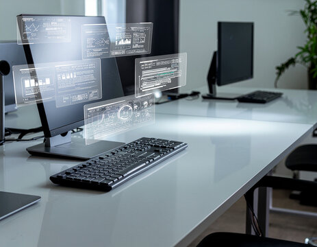 clean modern workspace with advanced computer and floating holographic interfaces, concept of futuristic digital workflow and technology