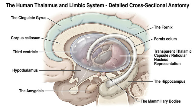 Detailed cross‑sectional anatomy of the human thalamus and limbic system showing cingulate gyrus, corpus callosum, third ventricle, hippocampus, amygdala, hypothalamus, mammillary bodies and internal 