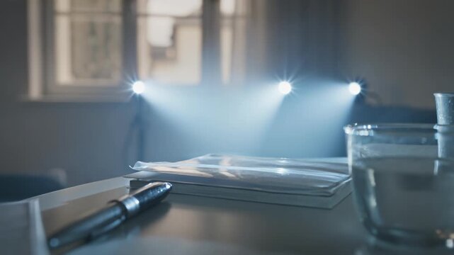 Cinematic still life of a quiet room with documents and glass, gradually illuminated by bright artificial screen light, calm yet tense mood, ideal for data, work and digital life marketing visual