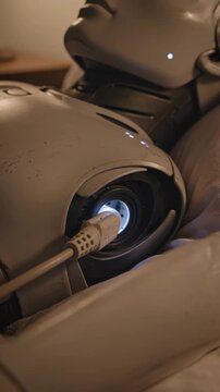 Cinematic close-up of humanoid robot connected to charging cable while resting, soft ambient light and detailed textures, concept of energy, maintenance and AI lifecycle for tech marketing