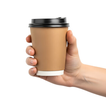 A hand holding a brown paper coffee cup with a black lid for takeaway drinks isolated on transparent background