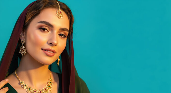 Elegant woman adorned in traditional jewelry showcasing grace and beauty against a vibrant teal background, perfect for Uraza Bayram and Eid al-Fitr celebrations with copy space.