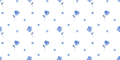 Obraz premium Watercolor seamless blue floral pattern with tiny flowers on white background. Hand drawn ditsy print for spring textiles, vintage wallpaper, and fabric designs