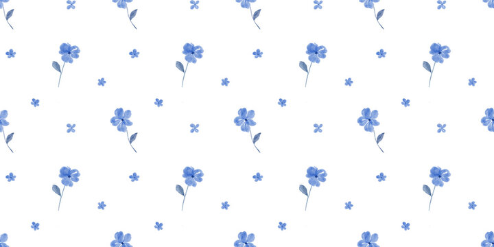 Watercolor seamless blue floral pattern with tiny flowers on white background. Hand drawn ditsy print for spring textiles, vintage wallpaper, and fabric designs
