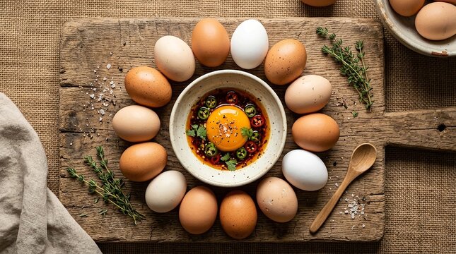 Assorted eggs with soy sauce and chili slices on rustic wooden board, herbal garnishes, and salt, with textured fabric and linen cloth, culinary food presentation