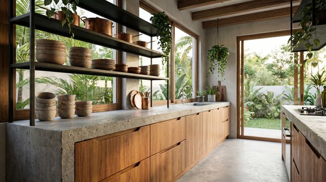 Industrial tropical kitchen design with raw concrete counters and teak wood.