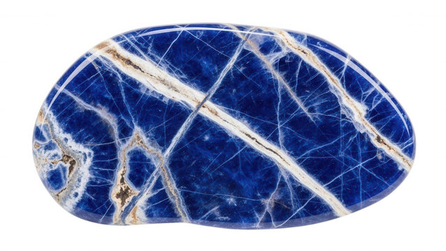 Polished sodalite gemstone with white calcite veins and deep blue mineral patterns isolated on a solid black background