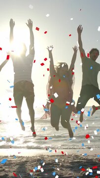 Vertical video: Central trio reacting to animated confetti, performing jumps on beach for marketing