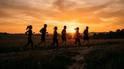 Fototapeta premium silhouette photo of a group of people running in the park in the morning made by AI generative