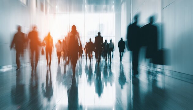 Busy Businesspeople Walking In Corridor Of Modern Office Building With Pronounced Motion Blur And Bright Lights, Creating A Crowded Atmosphere.